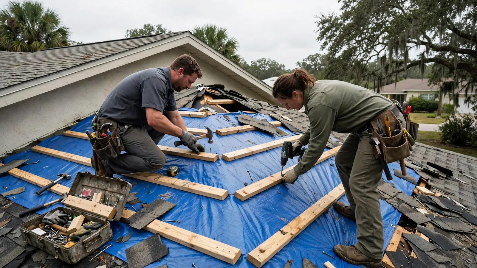 Two roofers securing a blue emergency tarp with wood battens over a damaged roof section