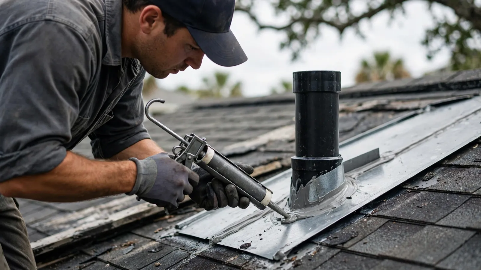 Roofer sealing metal flashing around a plumbing vent pipe on a shingle roof
