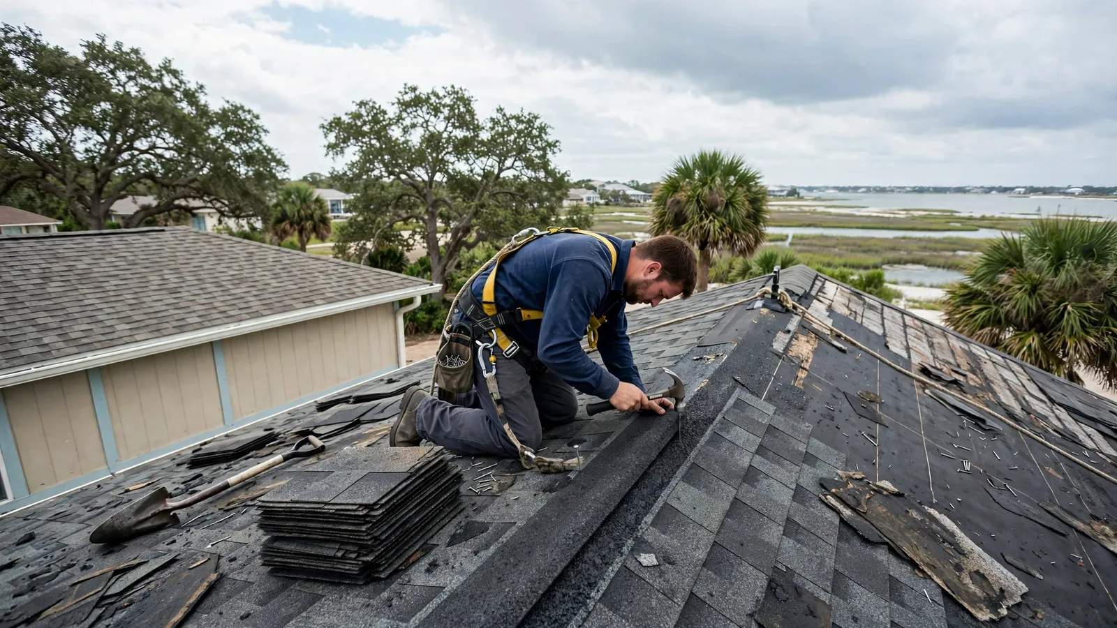 Roofer in a safety harness replacing asphalt shingles on a coastal home with the bay in the distance
